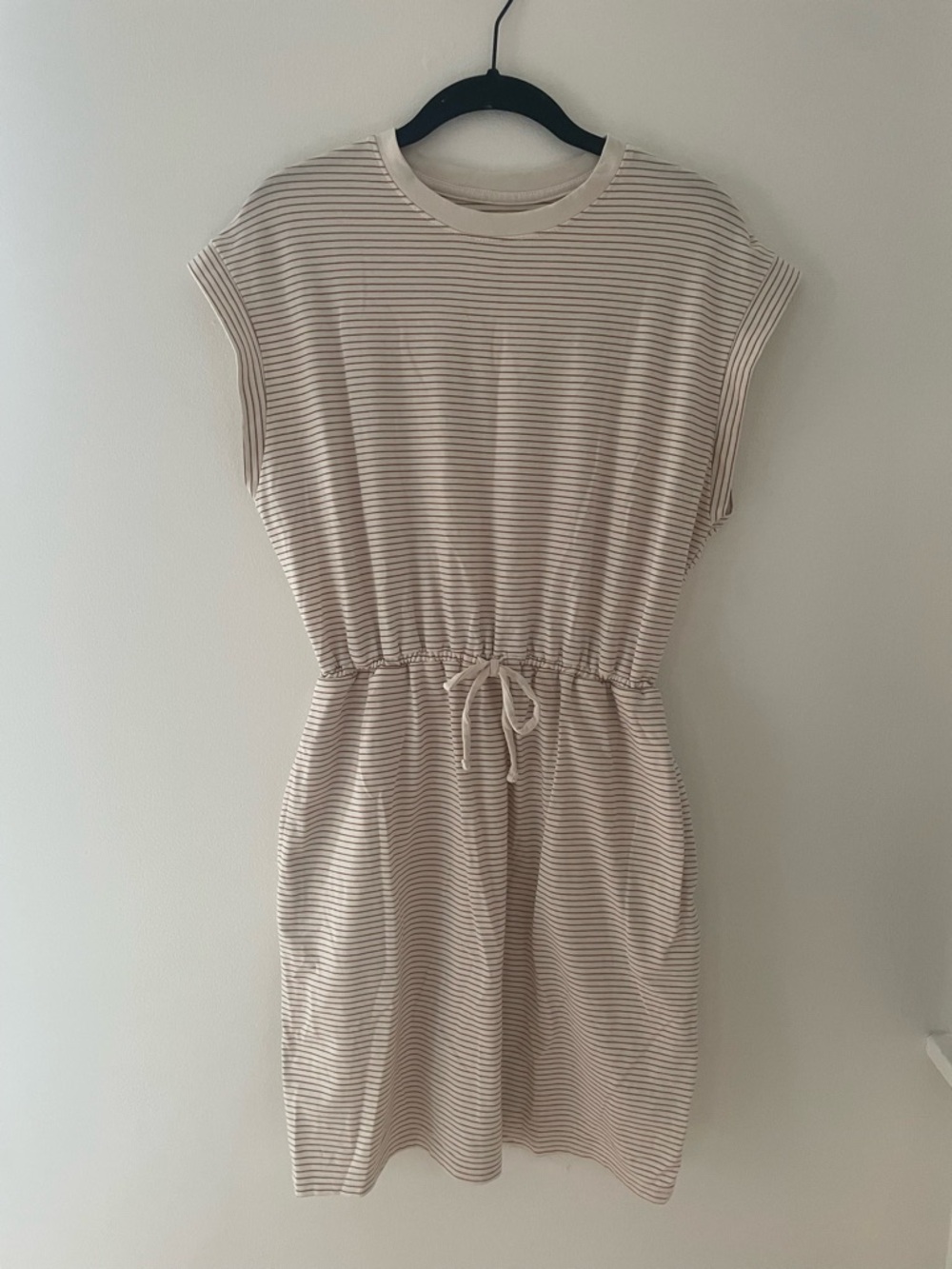 Striped Drawstring Waist Cream & White Casual Dress